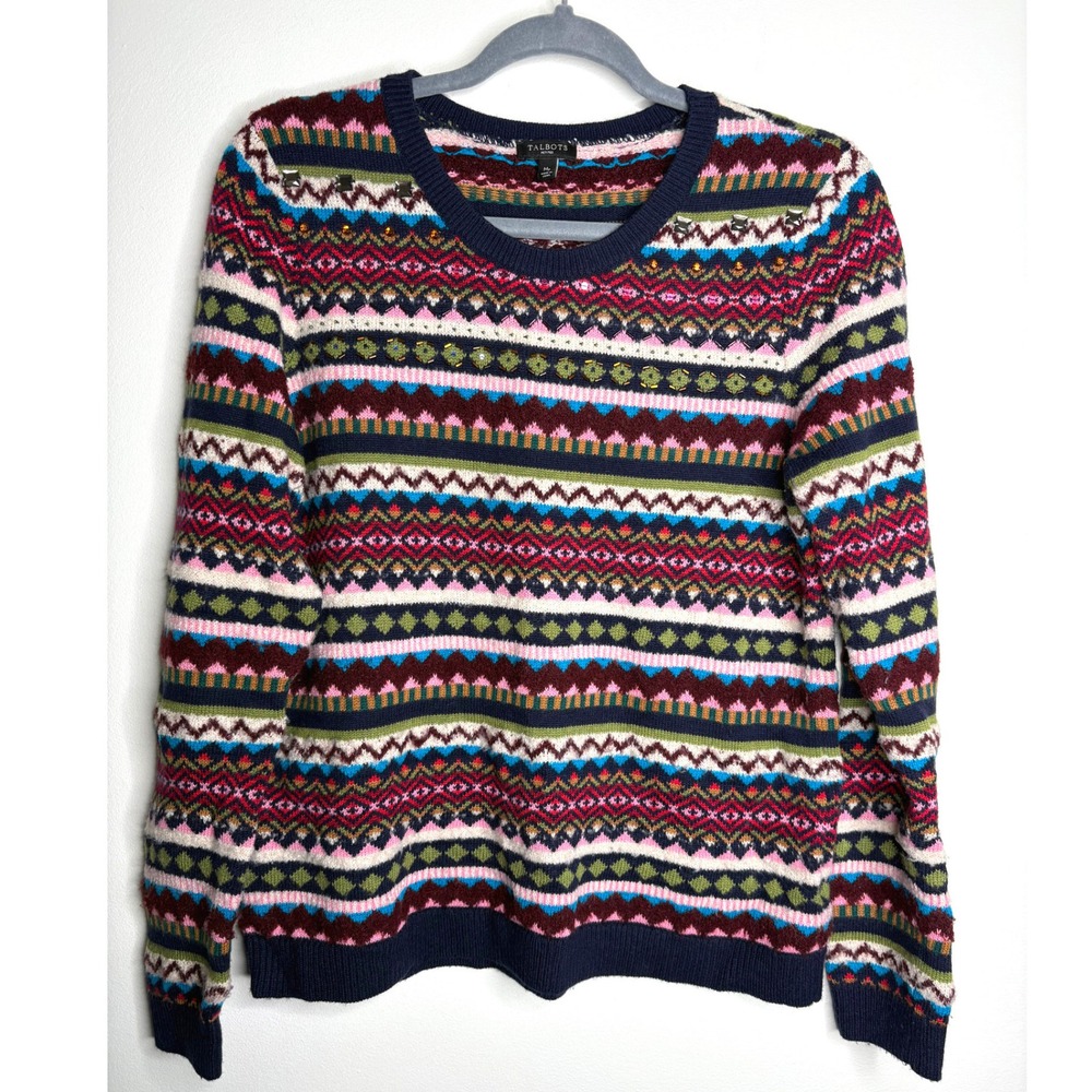 Talbots Fair Isle Knit Sweater Beaded Embellished Wool Blend Petite M MP
